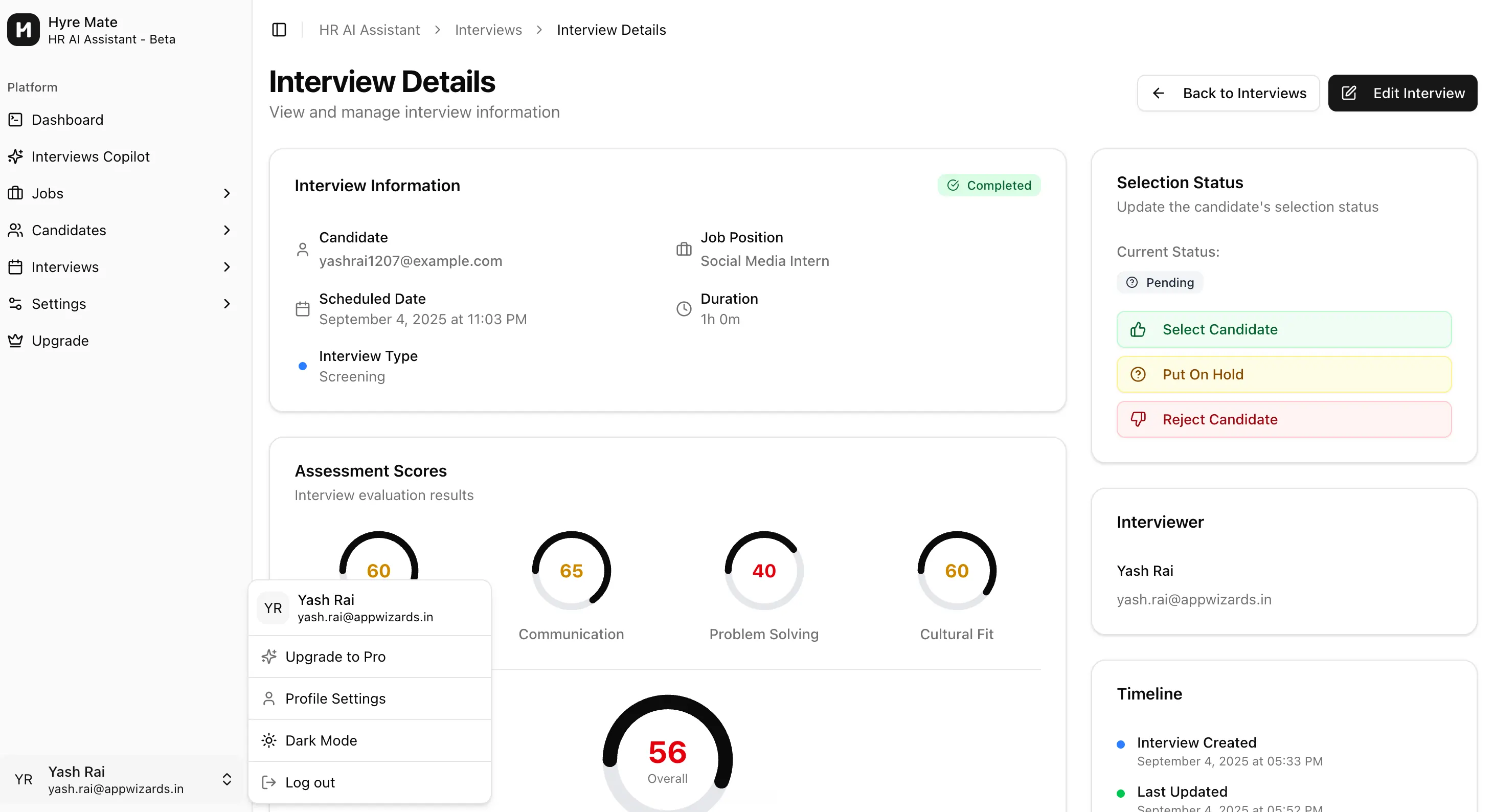 Hyre Mate AI recruitment dashboard showing candidate match scores, resume screening progress and hiring analytics