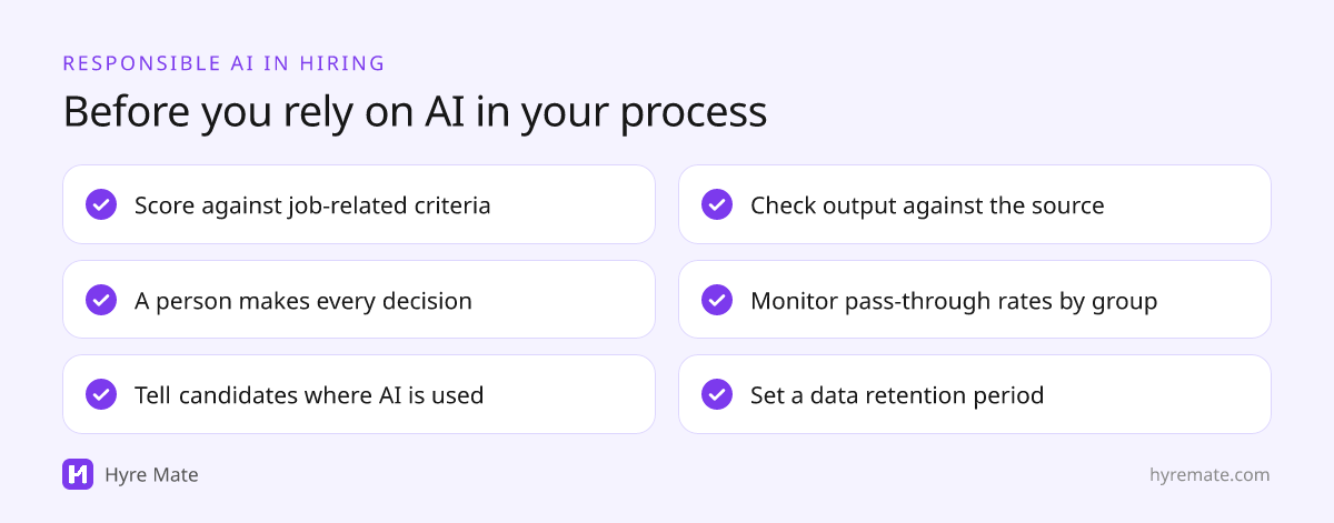 Responsible AI in hiring checklist: job-related criteria, human decisions, candidate notice, verify output, monitor outcomes, minimize data
