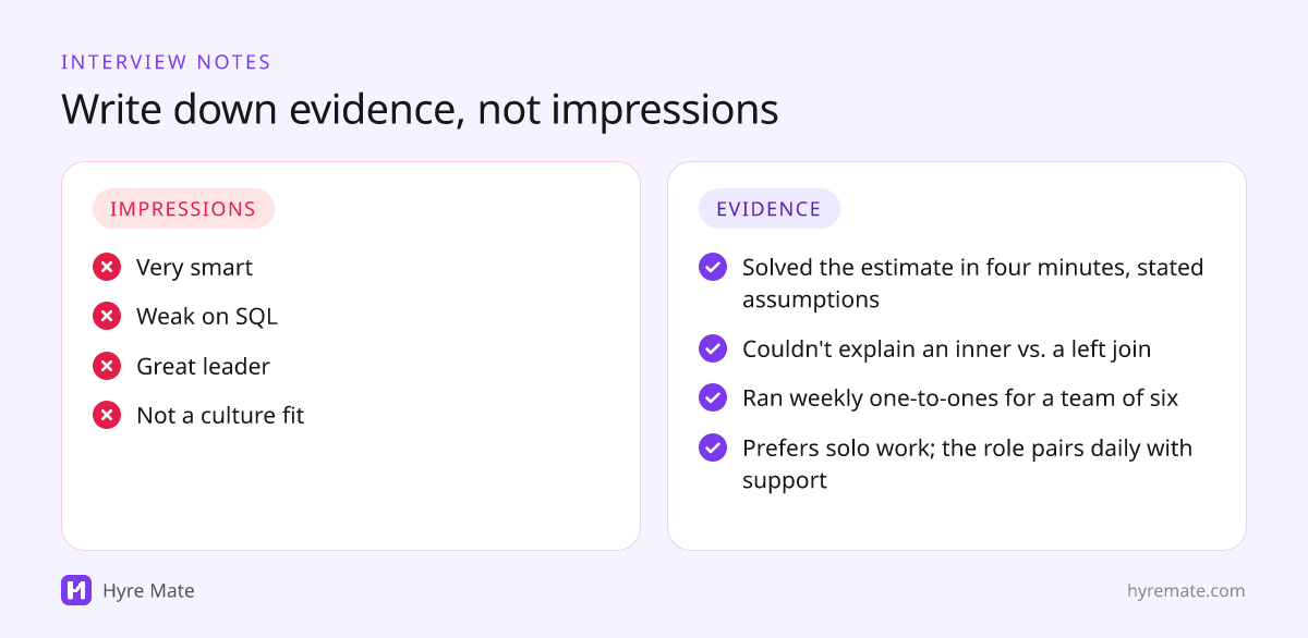 Side-by-side comparison of vague interview notes such as 'very smart' and evidence-based rewrites