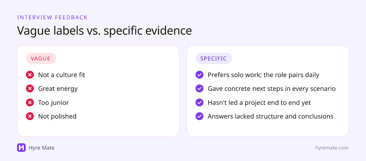 Comparison of vague interview feedback phrases and specific, evidence-based alternatives