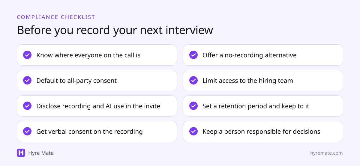 Interview recording compliance checklist with eight items, from mapping locations to keeping a person responsible for decisions