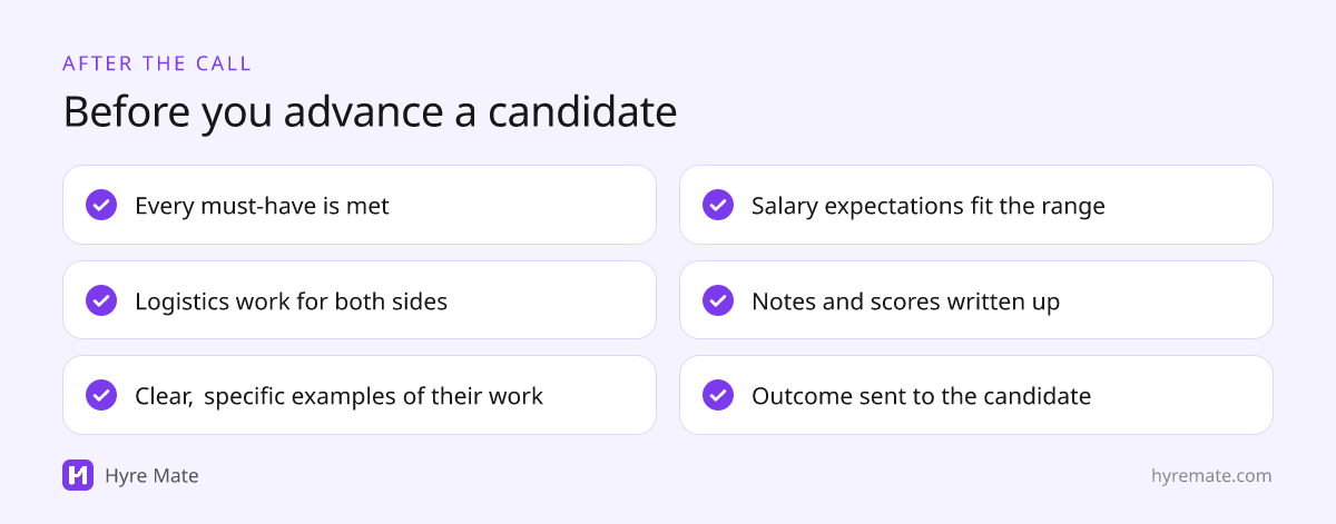 Checklist for deciding whether to advance a candidate after a phone screen