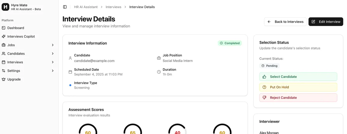 Hyre Mate interview details with communication, problem-solving, cultural-fit and overall assessment scores